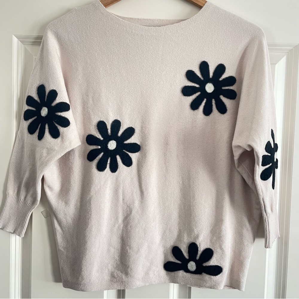 Sioni Beige Sweater with Black Floral Embroidered Scadi 3/4 Sleeves Cabincore